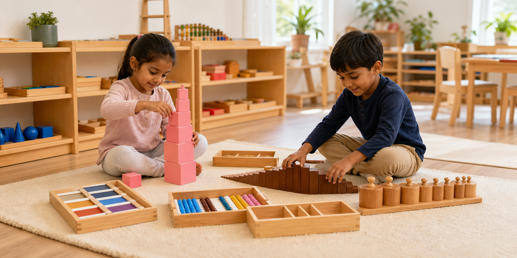 Children learning with Montessori wooden materials