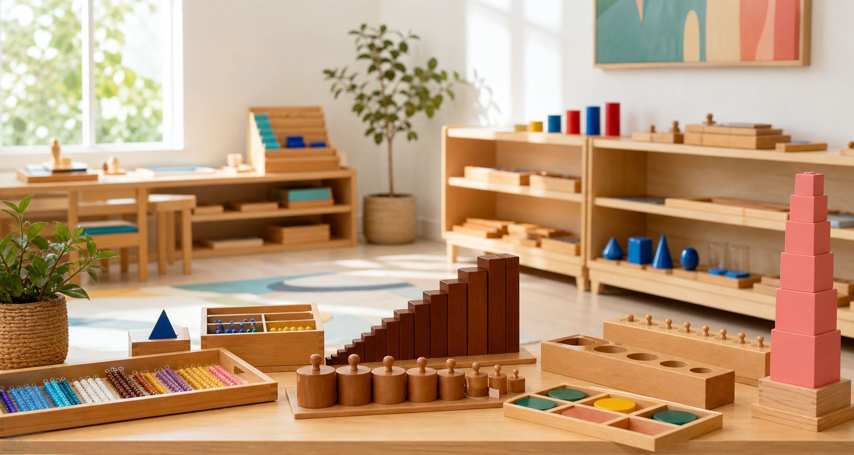 Montessori classroom with wooden materials
